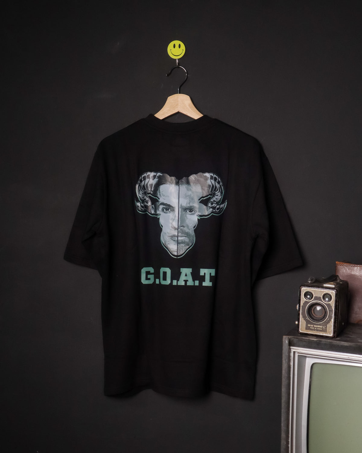 ERMN GOAT Messi Ronaldo Edition 240 GSM oversized football t-shirt — design print black India